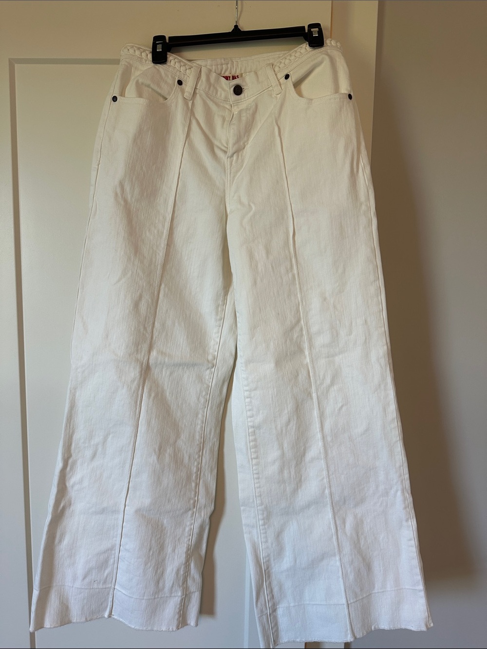 Johnny Was White denimWide-Leg Pants with braided belt.